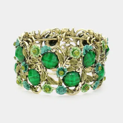 Fashnzfab Stone Flower Leaf Cluster Evening Cuff Bracelet Antique Gold, Green