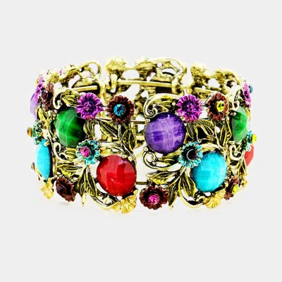 Fashnzfab Stone Flower Leaf Cluster Evening Cuff Bracelet Antique Gold, Multi