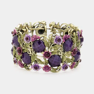 Fashnzfab Stone Flower Leaf Cluster Evening Cuff Bracelet Antique Gold, Purple In Multi