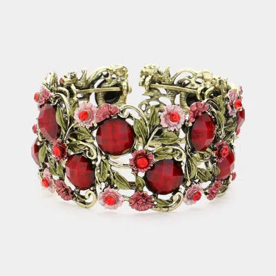 Fashnzfab Stone Flower Leaf Cluster Evening Cuff Bracelet Antique Gold, Red In Multi