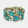Fashnzfab Stone Flower Leaf Cluster Evening Cuff Bracelet Antique Gold, Teal In Multi