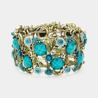 Fashnzfab Stone Flower Leaf Cluster Evening Cuff Bracelet Antique Gold, Teal In Multi