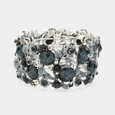 Fashnzfab Stone Flower Leaf Cluster Evening Cuff Bracelet Antique Silver, Black