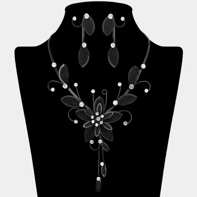 Fashnzfab Stone Mesh Flower Leaf Bib Necklace In Black