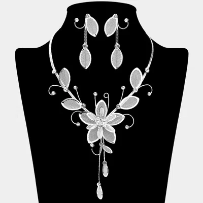 Fashnzfab Stone Mesh Flower Leaf Bib Necklace In Silver