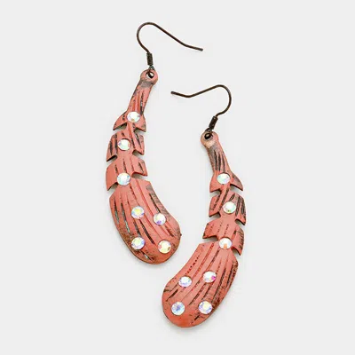 Fashnzfab Stone Metal Feather Dangle Earrings - Coral In Pink