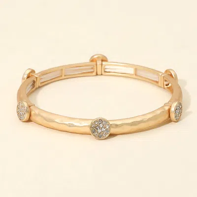 Fashnzfab Stone Pave Disc Accent Hammered Metal Stretch Bracelet In Gold