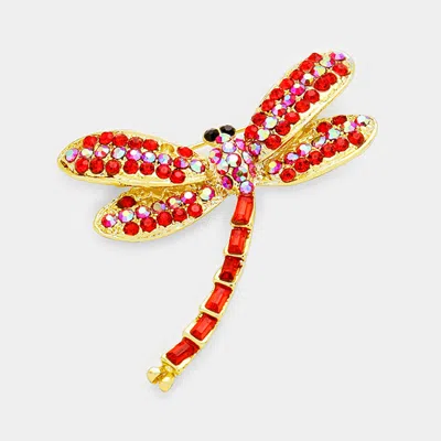 Fashnzfab Stone Pave Dragonfly Pin Brooch In Red