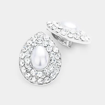 Fashnzfab Stone Pave Teardrop Pearl Centered Clip On Earrings In Metallic
