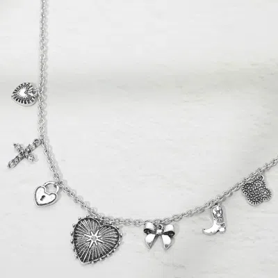 Fashnzfab Stone Pave Textured Heart Cross Bow Western Boot Quatrefoil Charm Station Necklace In Silver