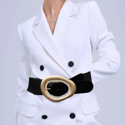 Fashnzfab Stone Paved Abstract Oval Buckle Accented Elastic Waist Belt In Black