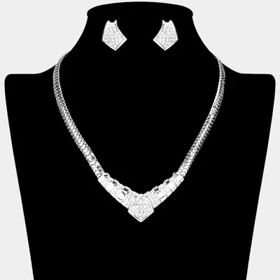 Fashnzfab Stone Paved Abstract Pendant Pointed V Shaped Snake Chain Necklace In Metallic