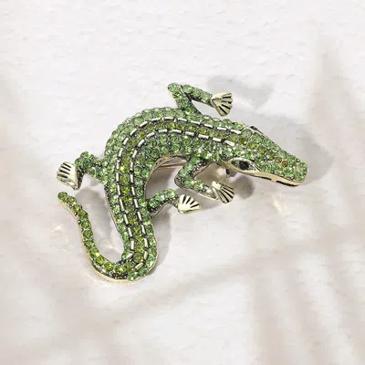 Fashnzfab Stone Paved Alligator Pin Brooch In Green