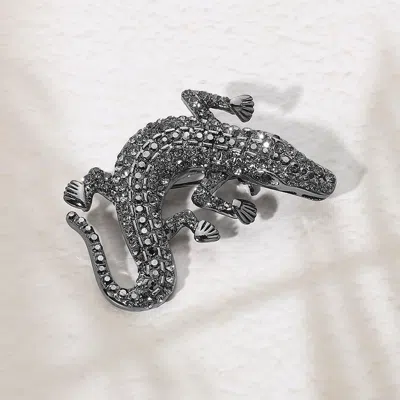 Fashnzfab Stone Paved Alligator Pin Brooch In Silver