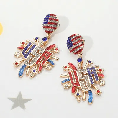 Fashnzfab Stone Paved American Usa Flag Accent Enamel Usa Message Firework Dangle Earrings In Multi