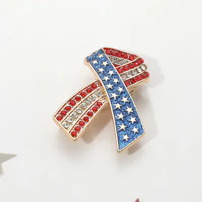 Fashnzfab Stone Paved American Usa Flag Bow Brooch In Blue