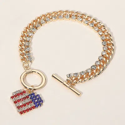 Fashnzfab Stone Paved American Usa Flag Charm Chunky Chain Toggle Bracelet Gold, Multi