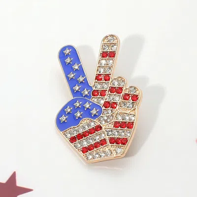 Fashnzfab Stone Paved American Usa Flag Peace Hand Sign Pin Brooch In Blue