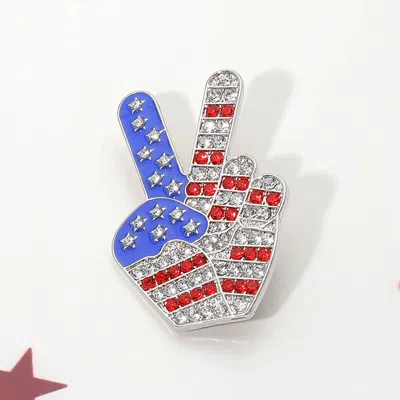 Fashnzfab Stone Paved American Usa Flag Peace Hand Sign Pin Brooch In Multi