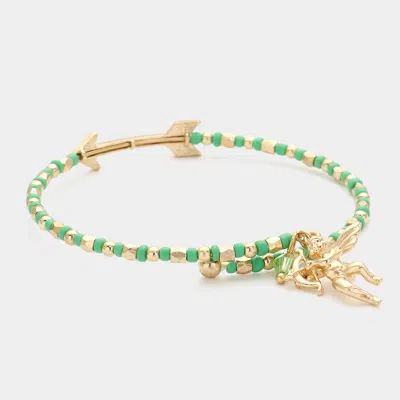 Fashnzfab Stone Paved Arrow Pointed Cupid Charm Beaded Adjustable Bracelet Gold, Green In Multi