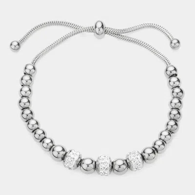 Fashnzfab Stone Paved Bead Accented Metal Beaded Adjustable Pull Tie Bracelet Silver