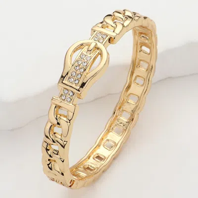 Fashnzfab Stone Paved Belt Buckle Accented Cuban Chain Hinged Bangle Bracelet Clear, Gold In Multi