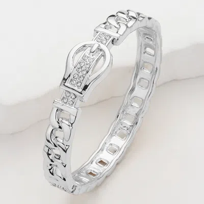Fashnzfab Stone Paved Belt Buckle Accented Cuban Chain Hinged Bangle Bracelet Clear, Silver In Multi