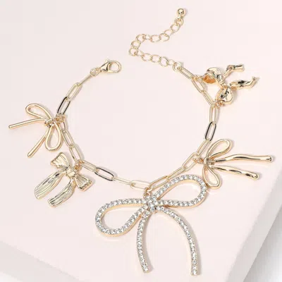 Fashnzfab Stone Paved Bow Metal Bow Charm Station Paperclip Chain Bracelet Clear, Gold In Multi