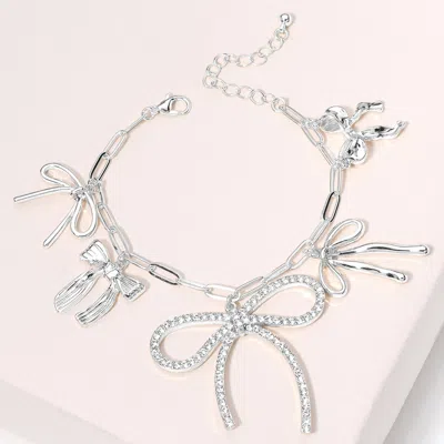 Fashnzfab Stone Paved Bow Metal Bow Charm Station Paperclip Chain Bracelet Clear, Rhodium In Multi