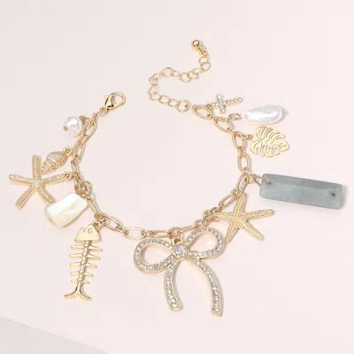 Fashnzfab Stone Paved Bow Metal Starfish Fish Shell Pearl Tropical Leaf Charm Station Bracelet Clear, Gold In Multi