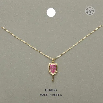 Fashnzfab Stone Paved Brass Metal Pickleball Paddle Pendant Necklace In Pink
