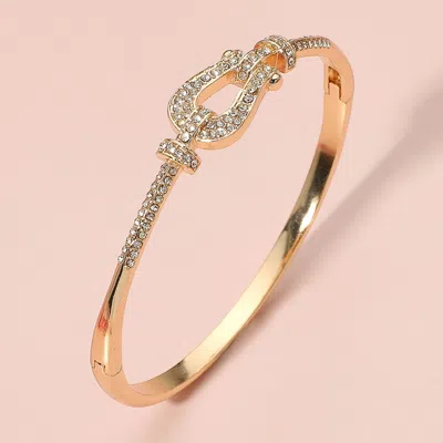 Fashnzfab Stone Paved Buckle Accent Hinged Bangle Bracelet Clear, Gold