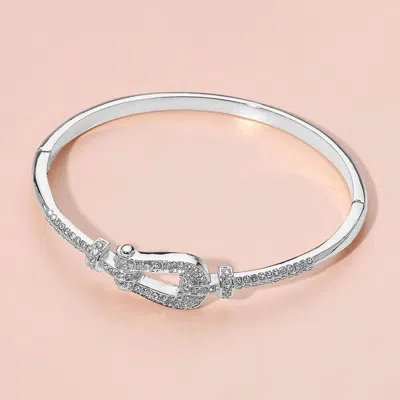 Fashnzfab Stone Paved Buckle Accent Hinged Bangle Bracelet Clear, Silver In Multi