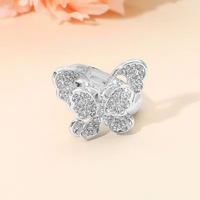 Fashnzfab Stone Paved Butterfly Accent Stretch Ring In Silver