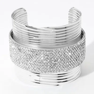 Fashnzfab Stone Paved Center Textured Metal Wide Cuff Bracelet In Multi