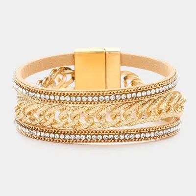 Fashnzfab Stone Paved Chain Embellished Magnetic Bracelet Gold