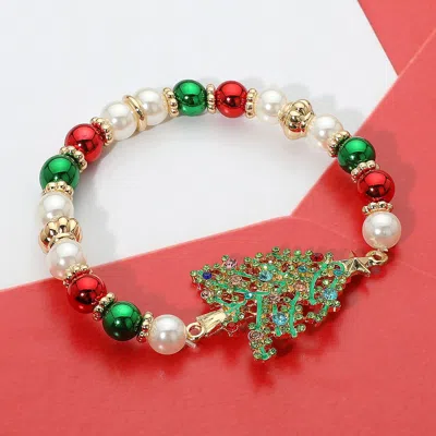 Fashnzfab Stone Paved Christmas Tree Charm Holiday Pearl Beaded Stretch Bracelet Gold, Multi