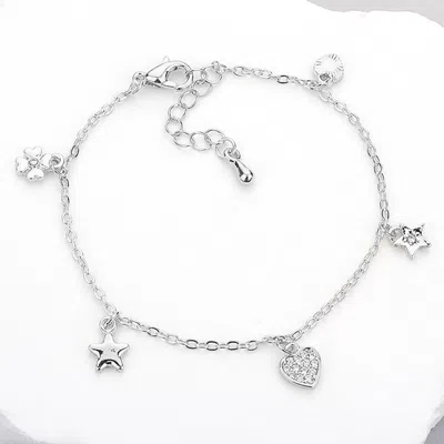 Fashnzfab Stone Paved Clover Heart Star Charm Station Bracelet Clear, Silver In Metallic