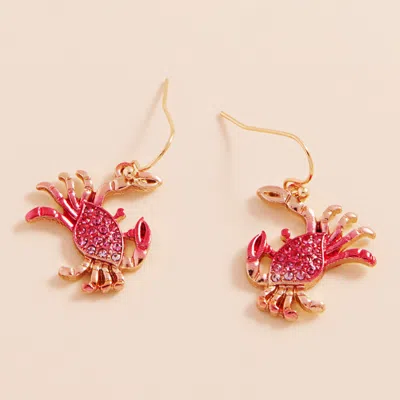 Fashnzfab Stone Paved Colored Metal Crab Dangle Earrings - Gold, Pink In Red
