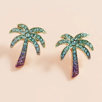 Fashnzfab Stone Paved Colored Metal Palm Tree Stud Earrings - Gold, Multi