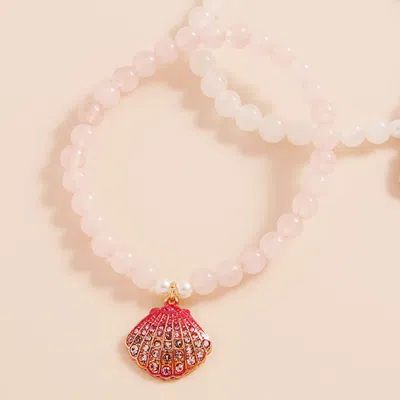 Fashnzfab Stone Paved Colored Metal Seashell Faceted Beaded Stretch Bracelet Gold, Pink In Multi