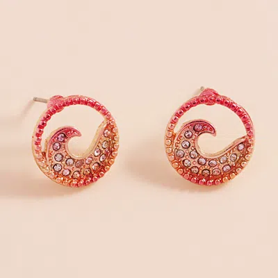 Fashnzfab Stone Paved Colored Metal Wave Stud Earrings - Gold, Pink In Orange