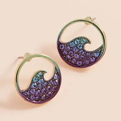 Fashnzfab Stone Paved Colored Metal Wave Stud Earrings In Blue