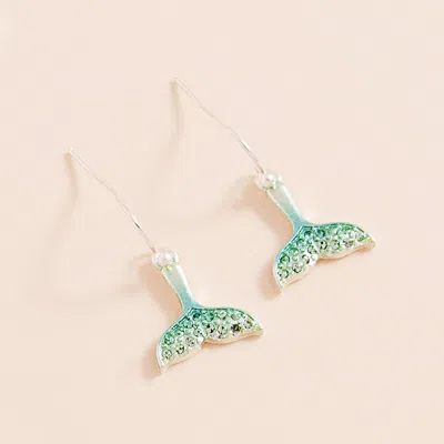 Fashnzfab Stone Paved Colored Metal Whale Tale Dangle Earrings - Mint, Silver In Blue