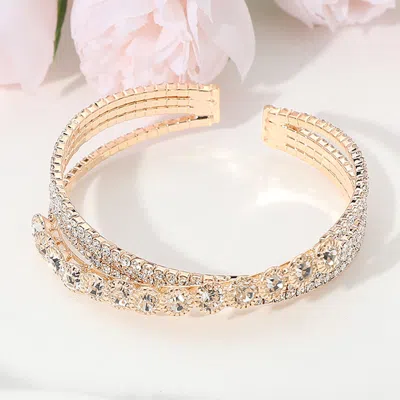 Fashnzfab Stone Paved Crisscross Split Evening Cuff Bracelet Clear, Gold In Multi