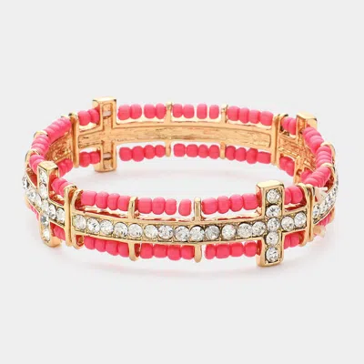 Fashnzfab Stone Paved Cross Beaded Stretch Bracelet Gold, Red In Pink