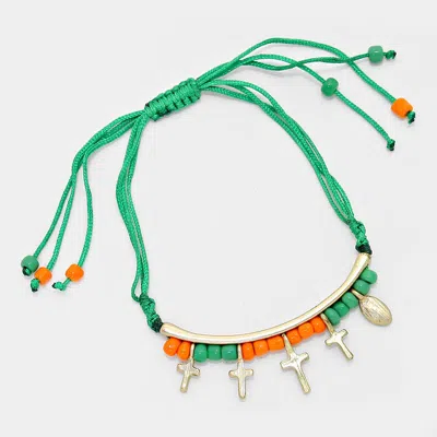 Fashnzfab Stone Paved Cross Charm Beaded Thread Adjustable Cinch Pull Tie Bracelet Ab, Green, Orange
