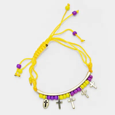 Fashnzfab Stone Paved Cross Charm Beaded Thread Adjustable Cinch Pull Tie Bracelet Ab, Yellow In Pink