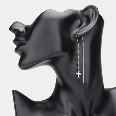 Fashnzfab Stone Paved Cross Charm Dropdown Earrings - Silver In White