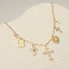Fashnzfab Stone Paved Cross Charm Station Necklace In Gold